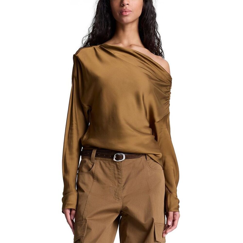 A.L.C. One-Shoulder Satin Blouse in Olive-Brown